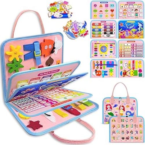 Exorany Busy Board Montessori Toys for 1 2 3 4 Year Old Girl Birthday Gifts, Busy Book for Toddlers 1-3, Sensory Educational Travel Toys, Toddler Preschool Activities for Learning Fine Motor Skills