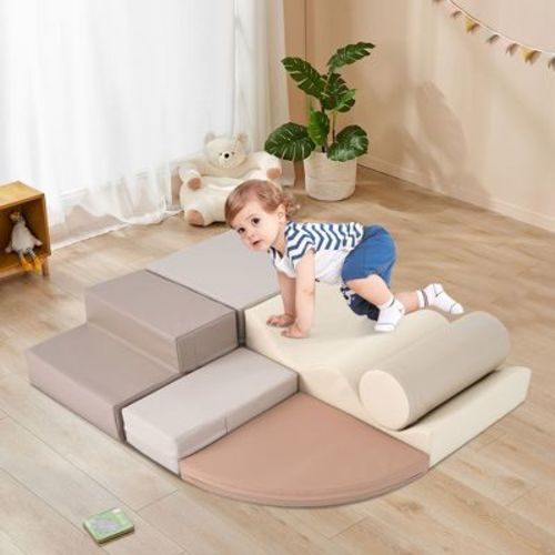 6 in 1 Soft Climb and Crawl Foam Playset, Lightweight Safe Soft Foam Nugget Block for Toddlers, Khaki 4L - ModernLuxe