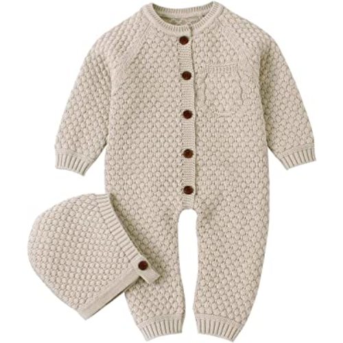 mimixiong Cotton Baby Romper Newborn Baby Knitted Clothes Longsleeve Sweater Outfit for Boy and Girls with Warm Hat Set