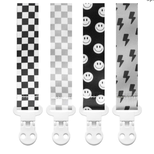 Baby Pacifier Clip Holder - Boy and Girl Unisex 4 Pack Gift Set – Neutral Retro Checker Smiley Bolts Black Gray