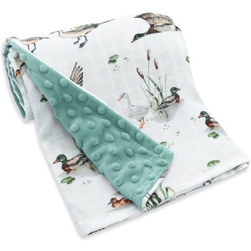LifeTree Baby Blankets for Newborn, Soft & Lightweight Swaddle Blankets, Muslin Front and Dotted Fleece Backing Receiving Bed Blanket, 31X40 Inches, Baby Girl & Boy Blanket, Duck and Green