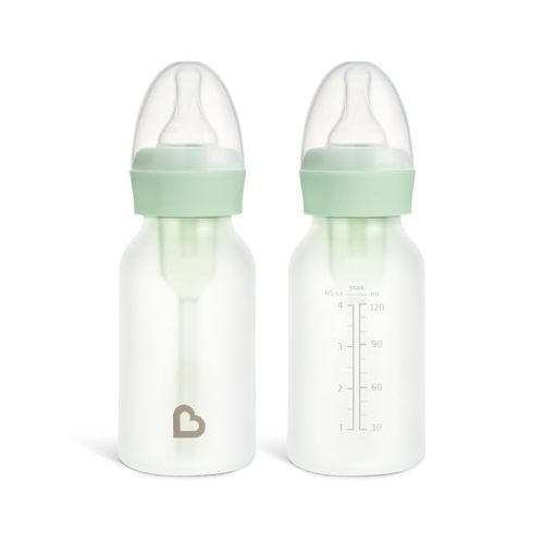 Munchkin Bond Glass Baby Bottles, Anti Colic Baby Bottles for Newborns, 4 oz Silicone Coated BPA Free Slow Flow Bottles for Breastfed Babies, Infant Feeding Bottle Set, 2 Pack, Mint/Green
