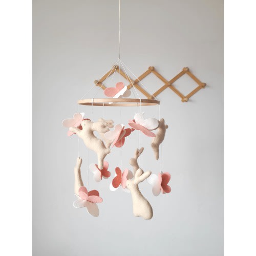 Bunny and butterfly nursery mobile, baby girl nursery decor, rabbit baby mobile, boho mobile, pink nursery crib decor, felt hanging mobile