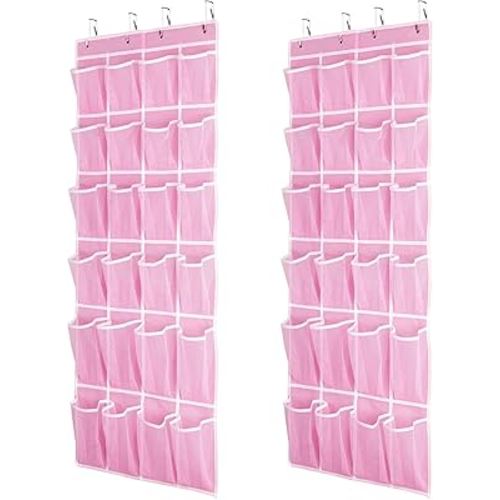 2 Pack Hanging Shoe Organizer，Over Door Shoe Organizer with 24 Mesh Large Pockets Shoe Storage Bag for Sport Shoes Size:58x21 Inch Hanging Door Shoe Rack Organizer (Pink-2pack)