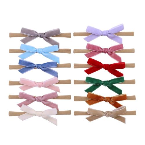 Pack of 12 Velvet Bow Headband for Newborn Baby Toddler Girl Soft Nylon Hairbands Elastic Hair Bands (Tiny bow 2.7 inch 12 pcs)