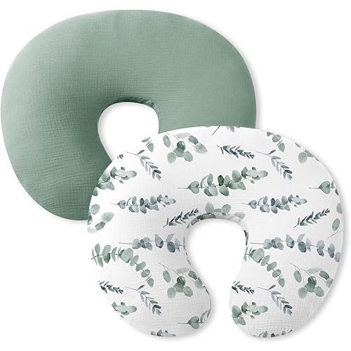 Little Grape Land Nursing Pillow Covers 2 Pack for Baby, Soft 100% Cotton Covers for Breastfeeding Pillows, Breathable Muslin Green Leaves Nursing Pillow Cases Fit Standard Nursing Pillows