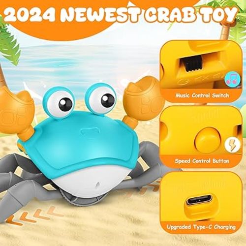 Crawling Crab Baby Toy, Upgraded Tummy Time Gifts for Newborn Babies 3-6 6-12 Month, Light-Up Walking Dancing Moving Crab with Music & Obstacle Avoidance, Rechargeable Sensory Development Toy (Green)