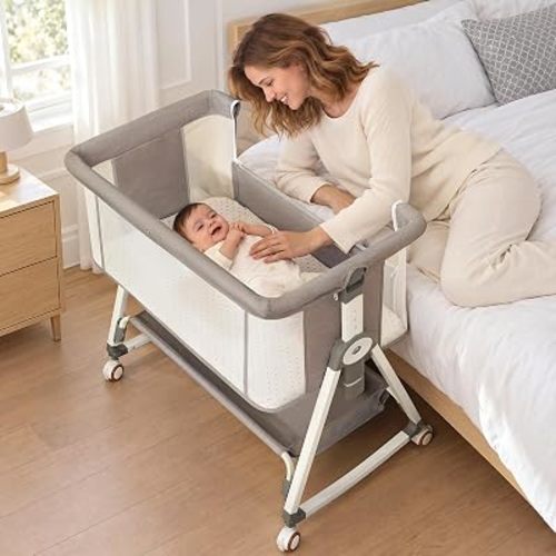 Baby Bassinet Bedside Sleeper with Wheels, Breathable Mesh & Soft Mattress, 4 Adjustable Heights, Easy Fold