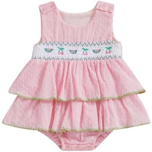 Baby Girl Tank Romper Dress Fruit Print Watermelon Sleeveless Smocked Dress Cherry Embroidery Bodysuit Summer Outfit