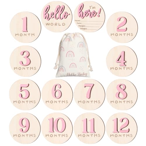 7 Pack 3D Baby Monthly Milestone Card Signs Baby Announcement Sign Double Sided Hello World Newborn Signs Wooden Circles Discs for Welcome Newborn Boy Girl Photo Props (Pink,Number)