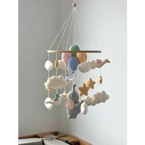 Handmade Baby Mobile, Mom Gift Postpartum, Crib Mobile with Animals,Flying Elephant with Balloons, Elephant Nursery Decor,Baby Shower Gifts