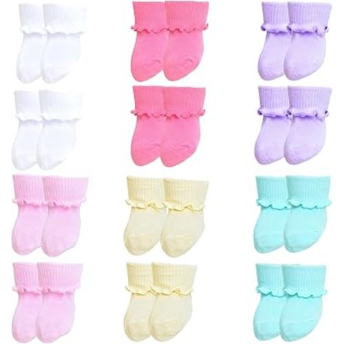 12 Pairs Preemie Baby Socks Preemie Socks Baby Girl Socks with Ruffles Turn Cuff Socks Cotton Newborn Baby Socks for Hospital Preemie Unisex Baby