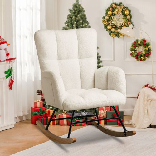 Comhoma Modern Nursery Rocking Chair, Teddy Upholstered Glider Accent Chair With Side Pockets, High Backrest, White