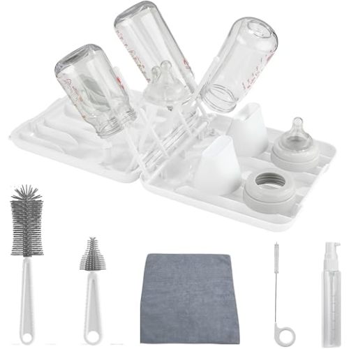 7in1 Travel Bottle Cleaner Kit: Baby Travel Essential - Bottle Brush Set with Silicone Bottle Brush, Straw Brush, Nipple Brush, Soap Dispenser - Bottle Cleaning Brush Set, Bottle Drying Rack (White)