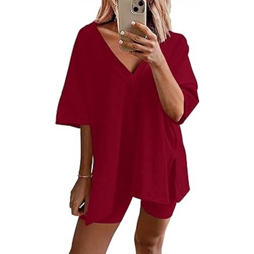 Ekouaer Womens Pajamas 2 Piece Lounge Sets Oversized V Neck T-Shirts Tops Biker Shorts Set Workout Reversible Tracksuit S-XXL