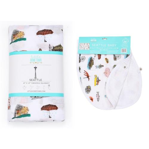 Gift Set: Seattle Baby Muslin Swaddle Blanket and Burp Cloth/Bib Combo