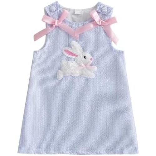 Toddler Baby Girl Easter Outfit Fly/Short Sleeve Bunny Embroidery A-Line Dresses Kids Summer Clothes