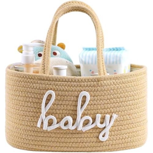 Baby Diaper Caddy Organizer, Nursery Storage Bin Basket for Baby Shower and Baby Wipes- Cotton Rope Portable Diaper Bag for Changing Table, Newborn Essentials Gift-Tan