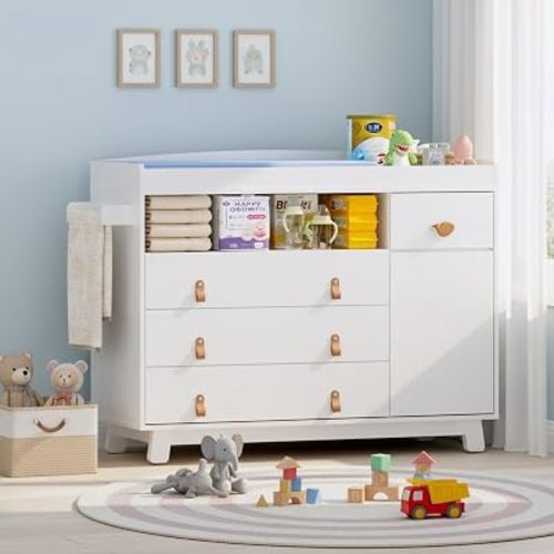 Baby Dresser with Changing Table Top, Baby Changing Table Dresser with 4 Drawers and Adjustable Shelves, Multi-Functional Diaper Changing Station, Nursery Organizer for Kids Bedroom, White