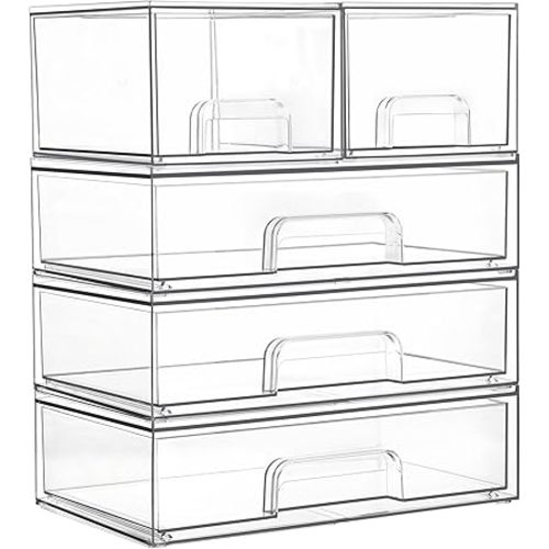 Vtopmart Stackable Storage Drawers Set of 5, Clear Plastic Organizer Bins for Bathroom Supplies,Ideal for Cabinet,Pantry,Laundry Room Organization(2 Small+3 Wide)