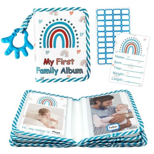 My First Family Photo Album for Baby, 4x6" Baby Photo Albums, Soft Toddler Photo Album with Milestone & Large Safety Mirror, Personalized Kids Baby Shower Gifts(Blue Hand)