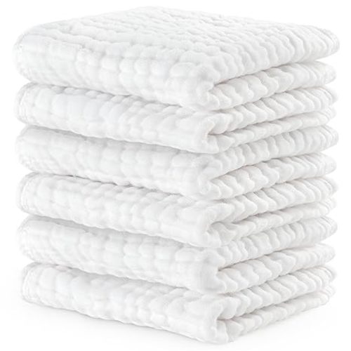 Comfy Cubs Muslin Baby Washcloths 6 Pack - Soft 6-Layer Cotton Wash Cloths for Sensitive Skin - 10"x10" Large, Gentle, Absorbent Infant Essentials for Newborn and Toddlers - White