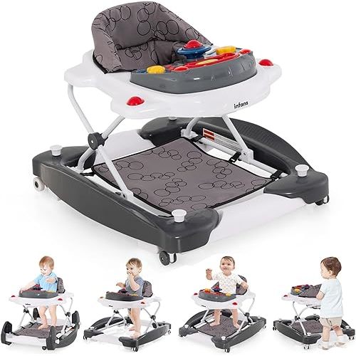 INFANS Baby Walker, 5 in 1 Behind Walker Learning Seated Rocker Bouncer with Removable Music Tray, Adjustable Height, Washable Seat Cushion, Foldable Activity Center for Toddlers (Grey)