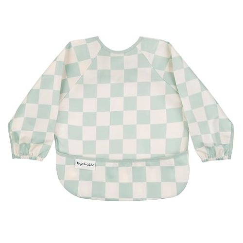 Tiny Twinkle Long Sleeve Bib for Babies & Toddlers | Waterproof Smock Bib for Eating | Machine Washable & Mess-Proof Feeding Essentials | Newborn Shower Gift (Checkers Sage, 6–24M)