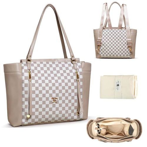 miss fong Checkered Diaper Bag Tote Leather Diaper Bag Backpack, Large Capacity Mommy Bag Hospital Bag, 12 Pockets Travel Diaper Tote with Changing Pad for Mom Plaid Tote Bag for Women-Beige&Honey