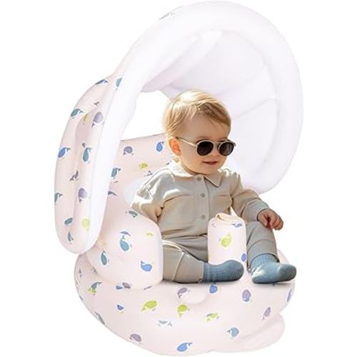 AirSwim Inflatable Baby Seat with Detachable Canopy and Built-in Pump, Inflatable Baby Chair for Babies 3 Months and Up, Sit Me Up Chair for Outdoor Indoor, Bumbo Seat for Infants, Whale