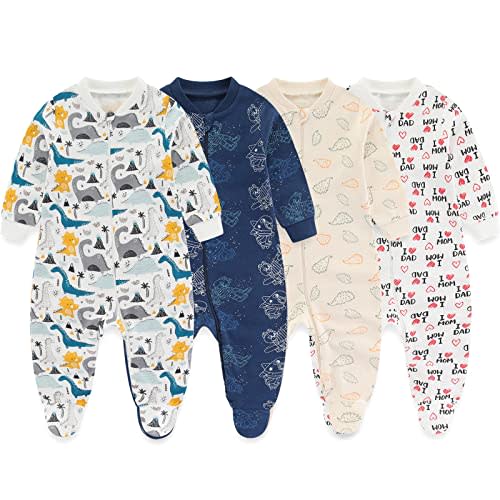 MAMIMAKA Newborn Baby One-Piece Footies Romper 2-Way Zip Cotton Bodysuit Long-Sleeve Jumsuit 4-Pack, 0-12 Months