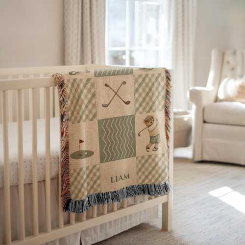 Personalized Teddy Bear Golf Baby Blanket Woven Nursery Throw Custom Name Baby Blanket
