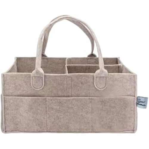 Baby Diaper Caddy Nursery Storage Bin and Car Organizer for Diapers and Baby Wipes, Oatmeal, Regular, Felt Storage Caddy with Handles Multi-Compartment Organizer Tote bag