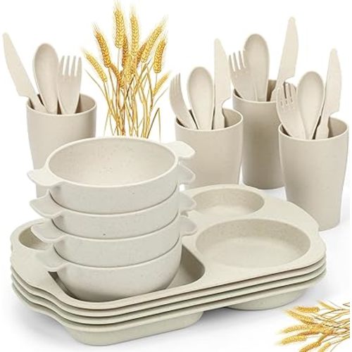 24 PCS Wheat Straw Dinnerware Set for Kids Toddler Plate Bowl Cup Set Unbreakable BPA-Free Tableware with Divided Plate Microwave Dishwasher Safe Perfect for Home School Picnics
