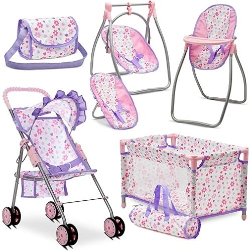 Baby Doll Stroller Bed and Swing Nursery Playset, Baby Doll Accessories Furniture Set Convertible High Chair Diaper Bag Role Play Deluxe Purple Doll Set