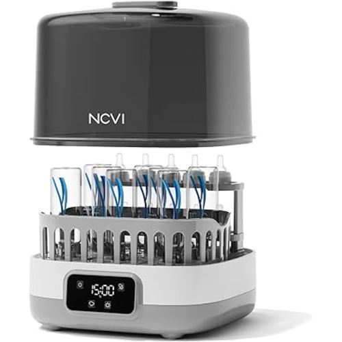 NCVI 20-Minute Baby Bottle Steamer Sterilizer and Dryer with 2 Bottle Trays for 8/6 Bottles, Fast Electric Steam Sterilization Disinfection for All Bottles, Pacifiers, Teether and Breast Pump Parts