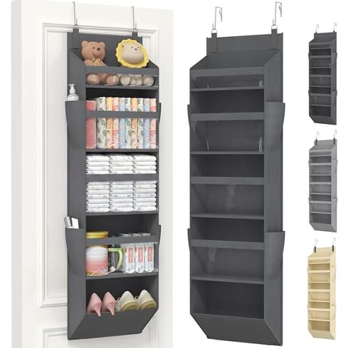 Lifewit 1 Pack Over the Door Organizer, 5 Section Clear Window Hanging Storage with 4 Side Pockets, Sturdy Anti Tilt 40 lbs Load Behind Door for Closet, Bedroom, Bathroom, Nursery, Dorm, Dark Gray