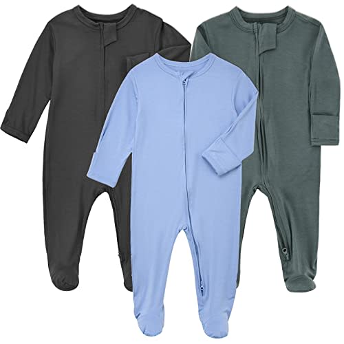 Aablexema Baby Zipper Pajamas Bamboo Rayon, 3pcs Unisex Infant Onesie with Mitten Long Sleeve Footed Pjs