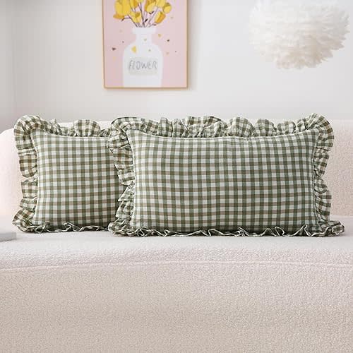 2 Pack Sage Green Plaid Ruffle Lumbar Pillow Shams 12x20 inches, Washed Cotton Gingham Checkered Farmhouse Zipper Closure Pillow Covers for Bed/Sofa (Lumbar, Sage Green/White Plaid)