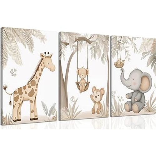 3Pcs Woodland Animal Nursery Canvas Wall Art Neutral Safari Animal Jungle Paintings Pictures Wall Decor Giraff Monkey Elephants Watercolor Poster Printing Artwork for kids room Home Decoration