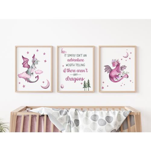 Girl Dragon Nursery Wall Art Poster, Dragon Nursery Decor, Dragon Posters, Set of 3 Mailed Posters, Dragon Fantasy Adventure Nursery G21