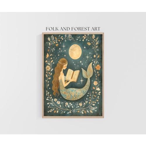 Moonlit Mermaid Reading | Fantasy Folk Art Print | Whimsical Maritime Literary Digital Download | Multiple Sizes Included