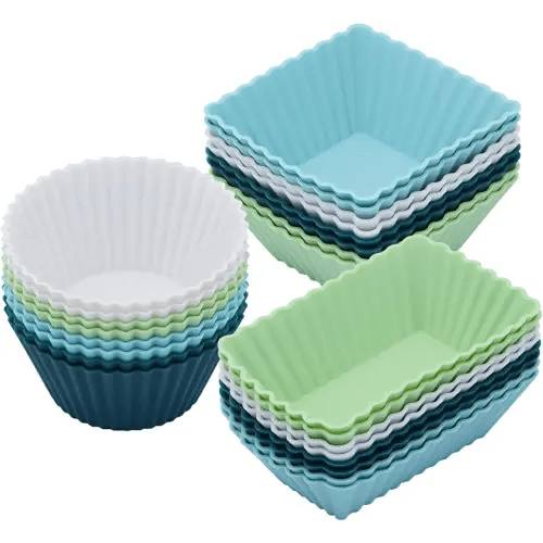 24Pack Silicone Muffin Cups, Reusable Cupcake Liners Molds for Baking, 3 Shapes Lunch Box Bento Dividers-Round, Square, and Rectangular (Neutral Colors, Regular Size)
