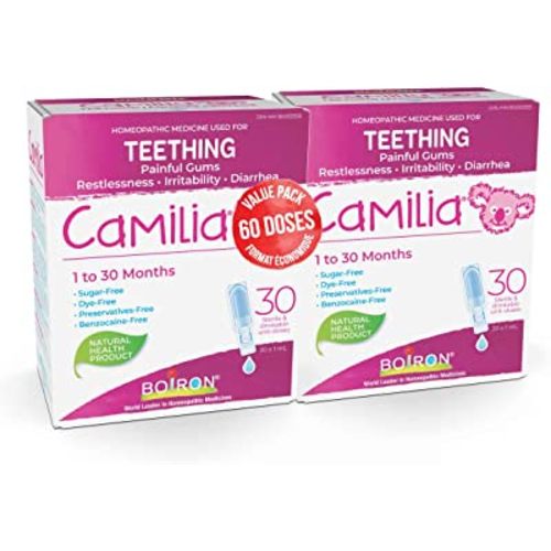 Boiron Camilia Baby Teething Relief Medicine, 60 unit-doses (twin pack). Camilia relieves pain, restlessness, irritability and diarrhea due to teething. Benzocaine-Free and Preservative-Free with Natural Active Ingredient,No Sugar, No Dye. 1 to 30 months