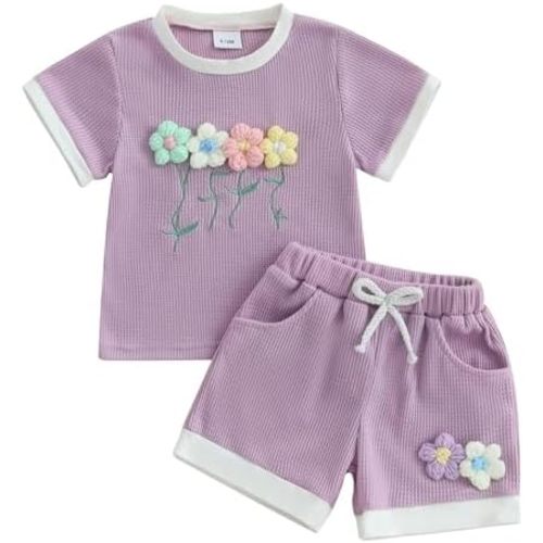 Toddler Baby Girl Outfits 3D Flower Print Waffle Knit Shirt Tops+Jogger Shorts Infant Girl Summer Clothes