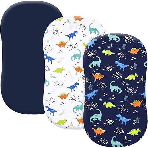 PHF 3 Pack Soft Bassinet Sheets, Dinosaur Breathable Comfy Cradle Sheets for Baby Boys, No Slip Universal Fit for Most Cradle and Bassinet Mattress, Navy Dinosaur