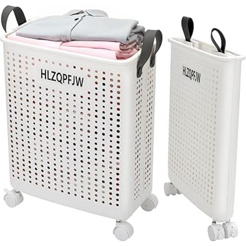 Collapsible Laundry Baskets, Laundry Basket with Wheels, 35, 50, 60 Liter Large Capacity (White, Medium)