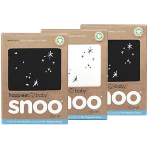 Happiest Baby SNOO Bassinet Fitted Sheet - 100% Organic Cotton Nursery Bedding - Fits SNOO Sleeper Crib Mattress - 3-Pack Bundle (Black (2), Ivory Stars (1))