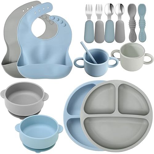 16 Pcs Baby Led Weaning Supplies Silicone Baby Feeding Set Baby Plates with Suction Baby Utensils with Divided Adjustable Bib Bowl Cutlery Snack Cup Spoons Straw 6 Months+ (Blue, Smoky Gray)
