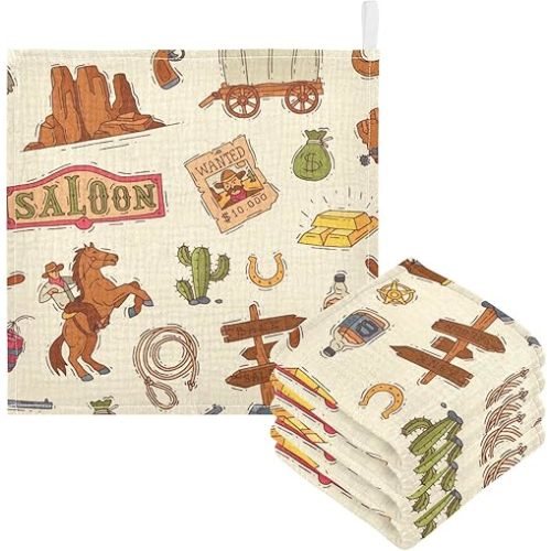 Cowboy Sheriff Baby Burp Cloths for Boys Girls, 3 Pack Wild West Western Baby Muslin Washcloths Newborn Face Bath Towel Soft Absorbent Cotton Wash Cloth Baby Registry, 12 x 12 Inch